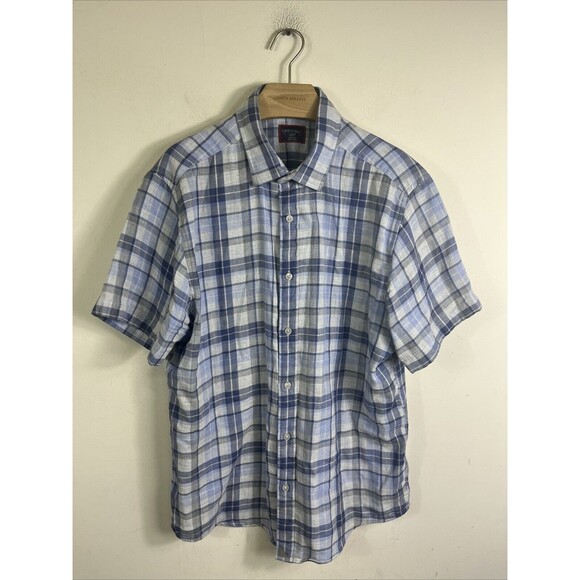 UNTUCKit SLIM FIT Shirt Mens L Blue Plaid Short Sleeve Button Up Cotton - Picture 1 of 7